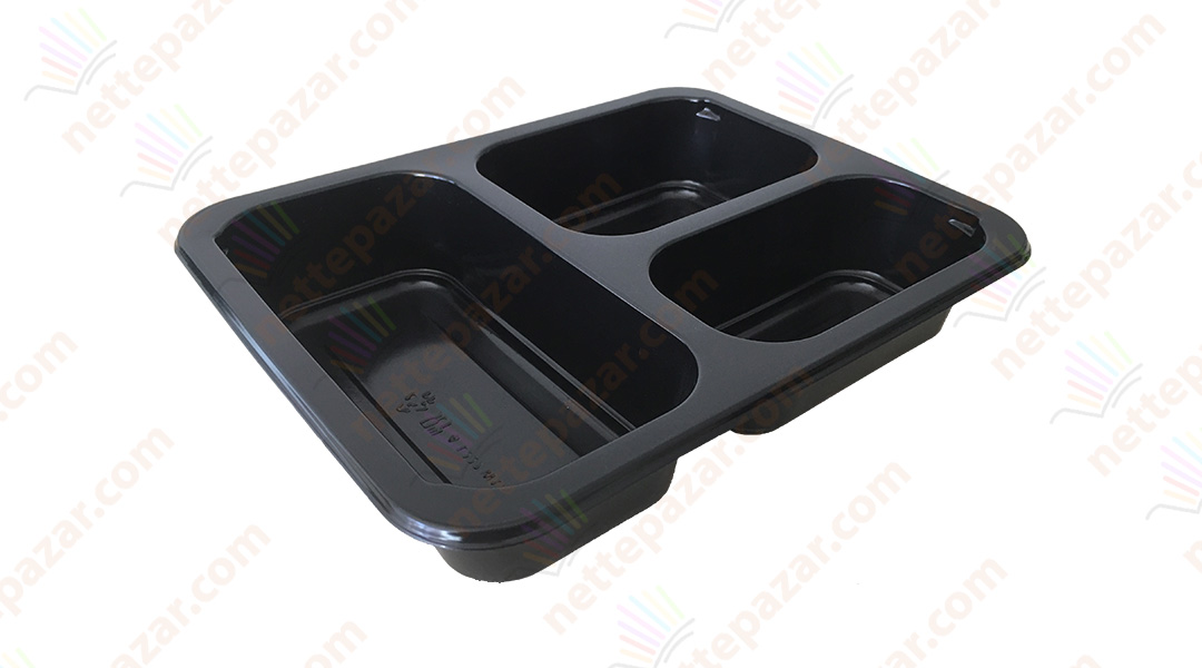 Meal Tray for Tray Sealers 3 Compartment Black 227x178 mm. H:42